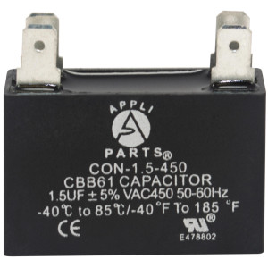 Appli Parts Fan motor Capacitor 1.5 mfd (microfarads) uf 450VAC CBB61 with 4 Terminal connections universal fit for electric fan applications  1-3/8in Width 1/2in Depth 1-1/4in Height CAP-1.5-450