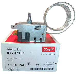 Danfoss 077B7101 Thermostat Bottle Coolers 077B1704L Cold Cut-in +41.0F Cold cut-out +34.7 Warm Cut-in +54.5F Warm Cut-out 49.1F Capillary tube length 47.2in 
B0
