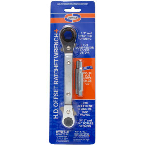 Uniweld 70075 Llave Ratchet, 1/2 y 9/16 pulg apertura exagonal, 3/16 y 1/4 pulg apertura cuadrada, con Adaptador Dual para Valvula exagonal de 3/16 y 5/16