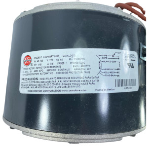 US Motors 6851-0850 1/15 HP Fan Coil motor 1,100 rpm, 6 poles, 2 shaft, 3 speed, 5.6 diameter, CCW, 220 V, 60 Hz, 1 ph, Run Capacitor 5 mfd 370 VAC