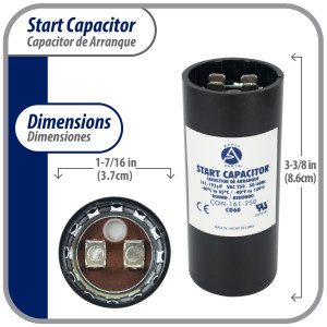 Appli Parts motor start capacitor 161-193 Mfd (microfarads) uF 250 VAC universal fit for electric motor applications 1-7/16 in Wide 3-3/8 in Height CON-161-250  