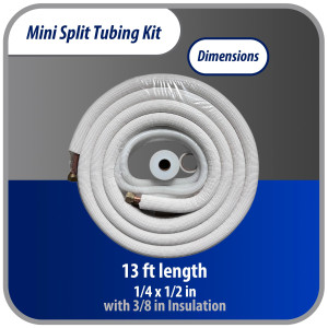 Appli Parts APLS-K14123813 Mini Split Tubing Kit 1/4 x 1/2 in, 13 ft, with 3/8 in Insulation, Drain Hose, Mummy Tape and Teflon Tape. Made of copper and aluminum