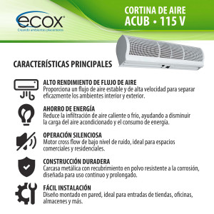 ecox ACUB12CA Cortina de Aire de 120 cm, 110 V, 60 Hz, 1 Ph, 130 W. Para uso Residencial o Comercial