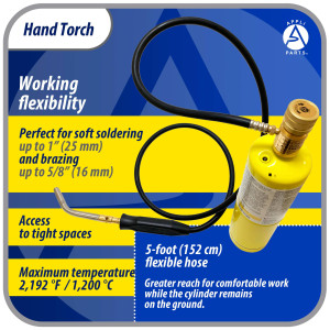 Appli Parts APHT-3W single burner hand torch with 5 ft hose and handle for soldering welding and brazing with map or propane fuel for HVAC and Plumbing 