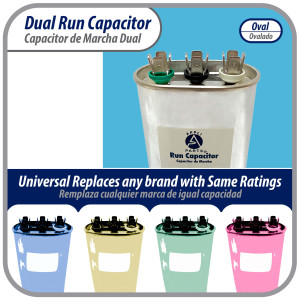 Appli Parts Dual Run Capacitor for ac 60+5 Mfd uF (microfarads) 370VAC CBB65 Oval Universal fit for hvac and other applications 3-1/2in Wide 1-3/4in Depth 4-1/2in High CON-60/5-370
