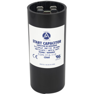 Appli Parts motor start capacitor 216-259 Mfd (microfarads) uF 110-125 VAC universal fit for electric motor applications 1-7/16 in Diameter 3-3/8 in Height CON-216-110
