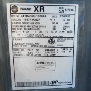 Vertical Cond. 60.000btu Xr14 Trane Seer15.5 R410 208-230v/60hz/1ph 4ttr4060l1
