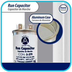 Appli Parts Condensador Capacitor de Marcha 5 Mfd uF (microfaradios) 370VAC CBB65 Universal Aire acondicionado y otras aplicaciones Redondo UL E476928 6.7cm Alto 4.1cm Ancho CON-5-370-R