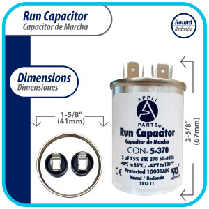 Appli Parts Run Capacitor for ac 5 Mfd uF (microfarads) 370VAC CBB65 Round Universal fit for hvac and other applications 1-5/8in High 2-5/8in Wide CON-5-370-R
 Appli Parts Run Capacitor for ac 5 Mfd uF (microfarads) 370VAC CBB65 Round Universal fit for hvac and other applications 1-5/8in High 2-5/8in Wide CON-5-370-R