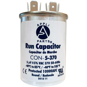 Appli Parts Run Capacitor for ac 5 Mfd uF (microfarads) 370VAC CBB65 Round Universal fit for hvac and other applications 1-5/8in High 2-5/8in Wide CON-5-370-R
 Appli Parts Run Capacitor for ac 5 Mfd uF (microfarads) 370VAC CBB65 Round Universal fit for hvac and other applications 1-5/8in High 2-5/8in Wide CON-5-370-R