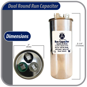 Appli Parts Dual Run Capacitor for ac 50+5 Mfd uF (microfarads) 370VAC CBB65 Round Universal fit for hvac and other applications 2 in Wide 5-1/4 in Height CON-50/5-370-R
 Appli Parts Dual Run Capacitor for ac 50+5 Mfd uF (microfarads) 370VAC CBB65 Round Universal fit for hvac and other applications 2 in Wide 5-1/4 in Height CON-50/5-370-R