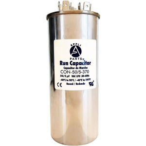Appli Parts Dual Run Capacitor for ac 50+5 Mfd uF (microfarads) 370VAC CBB65 Round Universal fit for hvac and other applications 2 in Wide 5-1/4 in Height CON-50/5-370-R  
