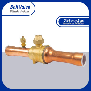 Appli Parts APBV-078 7/8 in Shut Off Ball Valve ODF Universal Replacement 610 psi (4.2 Mpa) max pressure -22 F to 248 F work temperature with 1/4 in SAE service port, with 7-7/8 in overall length