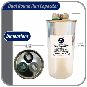 Appli Parts Condensador Capacitor de Marcha 80+5 Mfd uF (microfaradios) 370VAC CBB65 Universal Aire acondicionado y otras aplicaciones Redondo UL E476928 6.3cm Ancho 13.3cm Alto CON-80/5-370-R