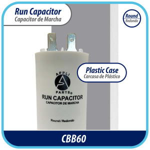 Appli Parts Condensador Capacitor de Marcha 60 Mfd uF (microfaradios) 250VAC CBB60 Cuerpo plastico para bombas de agua y otras aplicaciones Redondo UL E476928 10.8 cm Alto 5 cm Ancho CON-60-250-P