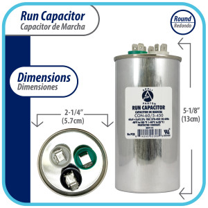 Appli Parts Dual Run Capacitor for ac 60+5 Mfd uF (microfarads) 370VAC or 450VAC CBB65 Round Universal fit for hvac and other applications 5-1/8 in High 2-1/4 in Wide CON-60/5-450