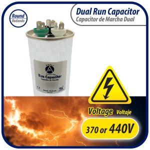 Appli Parts Dual Run Capacitor for ac 55+10 Mfd uF (microfarads) 370VAC or 450VAC CBB65 Round Universal fit for hvac and other applications 5-5/8 in High 2-1/8 in Wide CON-55/10-450