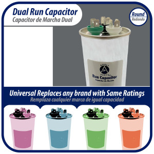 Appli Parts Dual Run Capacitor for ac 55+10 Mfd uF (microfarads) 370VAC or 450VAC CBB65 Round Universal fit for hvac and other applications 5-5/8 in High 2-1/8 in Wide CON-55/10-450