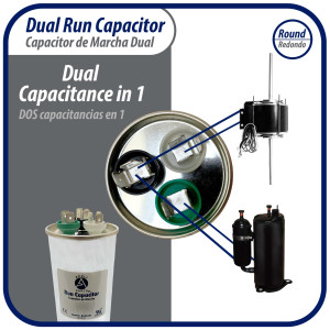 Appli Parts Condensador Capacitor de Marcha 55+10 Mfd uF (microfaradios) 370VAC o 450VAC CBB65 Universal Aire acondicionado y aplicaciones Redondo UL E476928 14.3cm Alto 5.4cm Ancho CON-55/10-450
