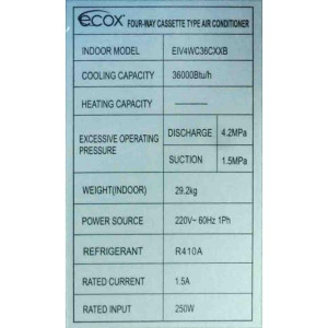 Cassette 4 Vias 36.000btu R410 230v/60hz/1ph Ecox Inverter Eiv4wc36cxxb (Solo Con Eivcu036cxxb)