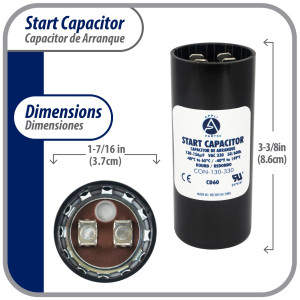 Appli Parts motor start capacitor 130-156 Mfd (microfarads) uF 330 VAC universal fit for electric motor applications 1-7/16 in Wide 3-3/8 in Height CON-130-330


