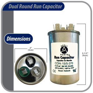 Appli Parts Dual Run Capacitor for ac 15+5 Mfd uF (microfarads) 370VAC CBB65 Round Universal fit for hvac and other applications 2 in Wide 3-1/2 in Height CON-15/5-370-R 