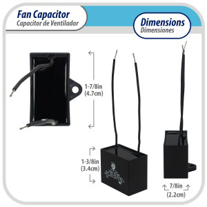 Appli Parts Fan Capacitor 7 mfd (microfarads) uf 250 VAC with 2 Wire Terminal Connections compatible with any brand with same capacitance  1-7/8in Width 7/8in Depth 1-3/8in Height CAP-7-250-2C