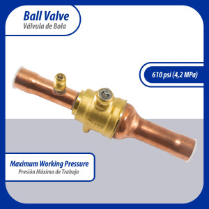 Appli Parts APBV-034 3/4 in Shut Off Ball Valve ODF Universal Replacement 610 psi (4.2 Mpa) max pressure -22 F to 248 F work temperature with 1/4 in SAE service port, with 7 in overall length
