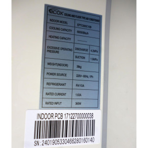 Consola Piso-Techo 60.000btu R22/R410 230v/60hz/1ph Ecox Eptc060c10b