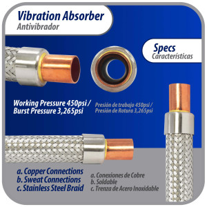 Appli Parts APVE-58 Antivibrador 5/8 pulg Soldable Eliminador de Vibracion 25cm Largo 450psi presion maxima de trabajo y 3.265psi presion de rotura