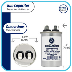 Appli Parts Condensador Capacitor de Marcha 12.5 Mfd uF (microfaradios) 370VAC o 450VAC CBB65 Universal Aire acondicionado y otras aplicaciones Redondo UL E476928 7.5cm Alto 3.7cm Ancho CON-4-450