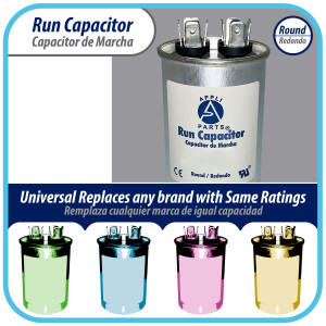 Appli Parts Run Capacitor for ac 12.5 Mfd uF (microfarads) 370 VAC or 450 VAC CBB65 Round Universal fit for hvac and other applications 3 in High 1-1/2 in Wide CON-12.5-450 