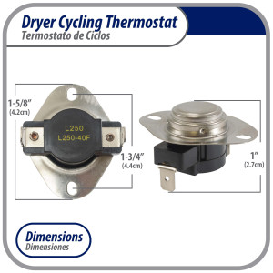 Appli Parts APDT-L250 Termico Secadora L-250-40F, limite alto Abre a 250 F, sensor interruptor de limite o termostato de 2 terminales, reemplazo para WH4X584 APDT-L250