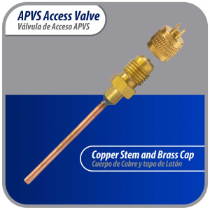 Appli Parts Valvula de acceso de 1/4 SAE x 1/8 pulg OD x con vastago de cobre de 5cm de largo con nucleo y tapa de laton con removedor de nucleo y empacadura APVS-14182