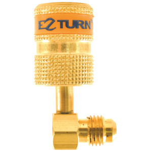 Uniweld Ez-Turn Anti-Blowback Mini Split Ductless Adaptador 90 degrees 1/4 in MF X 5/16 in FF R-410a, CFC, HCFC and HFC rated EZABM90