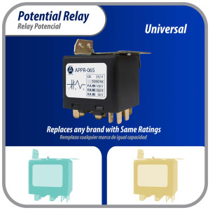 Appli Parts APPR-065 Relay Potencial 065, Voltaje de Bobina 332 V, Recogida Minima 168 V, Recogida Maxima 182 V, Caida Maxima 90 V, 50/60Hz Remplazo universal para refrigeracion y aire acondicionado
