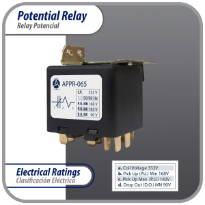 Appli Parts APPR-065 Relay Potencial 065, Voltaje de Bobina 332 V, Recogida Minima 168 V, Recogida Maxima 182 V, Caida Maxima 90 V, 50/60Hz Remplazo universal para refrigeracion y aire acondicionado