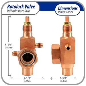 Appli Parts APRV-VA04 Valvula Rotolock V04 1-1/4 pulg x 3/4 pulg Soldable con puertos de acceso de 1/4 pulg Universal para sistemas de refrigeracion y aire acondicionado