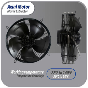 Appli Parts AXF-500 Extractor Axial 500 mm (19-3/4 pulg) 220 V, 1 ph, 60 Hz, 500 W, 1450 rpm, Rango Temperatura -30 C a 60 C, incluye aspa y base tipo jaula
