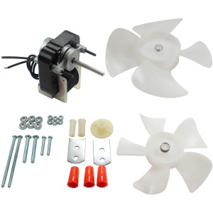 Appli Parts APFM-672 1/130 Hp Fan Motor, 220 V, 50/60 Hz, 3000 rpm, Reversible rotation, Universal Fan Motor Kit, Shaft 3/16 in by 1-1/4 in long includes 2 Fan Blades 4 and 5.5 in Certified UL E479056 Replaces NUV-672, SM672