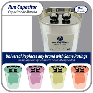 Appli Parts Run Capacitor for ac 45 Mfd uF (microfarads) 370VAC CBB65 Oval Universal fit for hvac and other applications 2-3/4in Wide 1-3/4in Depth 3-1/2in High CON-45-370 