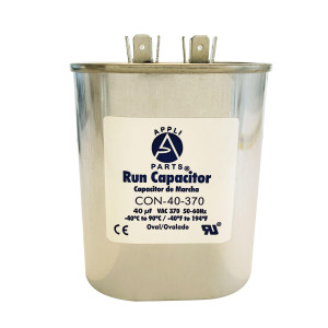 Appli Parts Run Capacitor for ac 40 Mfd uF (microfarads) 370VAC CBB65 Oval Universal fit for hvac and other applications 2-3/4in Wide 1-3/4in Depth 3-1/2in High CON-40-370

