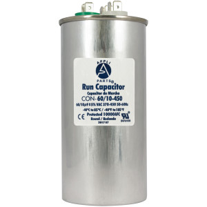 Appli Parts Dual Run Capacitor for ac 60+10 Mfd uF (microfarads) 370VAC or 450VAC CBB65 Round Universal fit for hvac and other applications 5-1/4 in High 2-1/4 in Wide CON-60/10-450