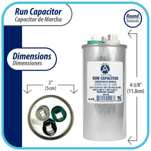 Appli Parts Dual Run Capacitor for ac 35+5 Mfd uF (microfarads) 370VAC or 450VAC CBB65 Round Universal fit for hvac and other applications 4-5/8 in High 2 in Wide CON-35/5-450 