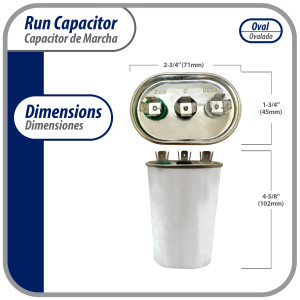 Appli Parts CON-50/5-370 Dual Run Capacitor for ac 50+5 Mfd uF (microfarads) 370VAC CBB65 Oval Universal fit for hvac and other applications 2-3/4in Wide 1-3/4in Depth 4-5/8in High