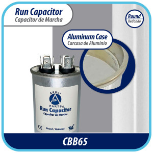 Appli Parts Condensador Capacitor de Marcha 25 Mfd uF (microfaradios) 370VAC o 450VAC CBB65 Universal Aire acondicionado y otras aplicaciones Redondo UL E476928 cm Alto cm Ancho CON-25-450