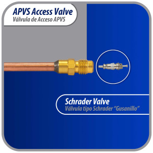 Appli Parts Valvula de acceso de 1/4 SAE x 1/4 pulg OD x con vastago de cobre de 10cm de largo con nucleo y tapa de laton con removedor de nucleo y empacadura APVS-14144