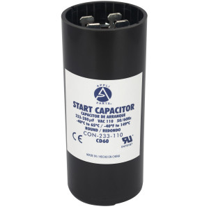 Appli Parts motor start capacitor 233-280 Mfd (microfarads) uF 110-125 VAC universal fit for electric motor applications 1-7/16 in Wide 3-3/8 in Height CON-233-110