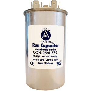 Appli Parts Dual Run Capacitor for ac 25+5 Mfd uF (microfarads) 370VAC CBB65 Round Universal fit for hvac and other applications 2 in Wide 3-3/4 in Height CON-25/5-370-R
 Appli Parts Dual Run Capacitor for ac 25+5 Mfd uF (microfarads) 370VAC CBB65 Round Universal fit for hvac and other applications 2 in Wide 3-3/4 in Height CON-25/5-370-R