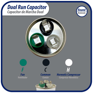 Appli Parts Dual Run Capacitor for ac 65+5 Mfd uF (microfarads) 370VAC or 450VAC CBB65 Round Universal fit for hvac and other applications 5-1/8 in High 2-1/4 in Wide CON-65/5-450